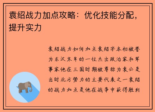 袁绍战力加点攻略：优化技能分配，提升实力
