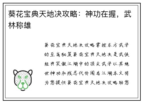 葵花宝典天地决攻略：神功在握，武林称雄