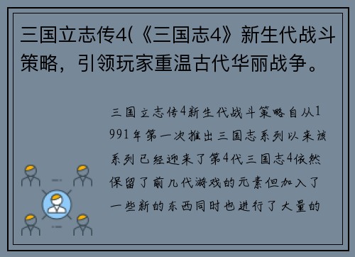 三国立志传4(《三国志4》新生代战斗策略，引领玩家重温古代华丽战争。)